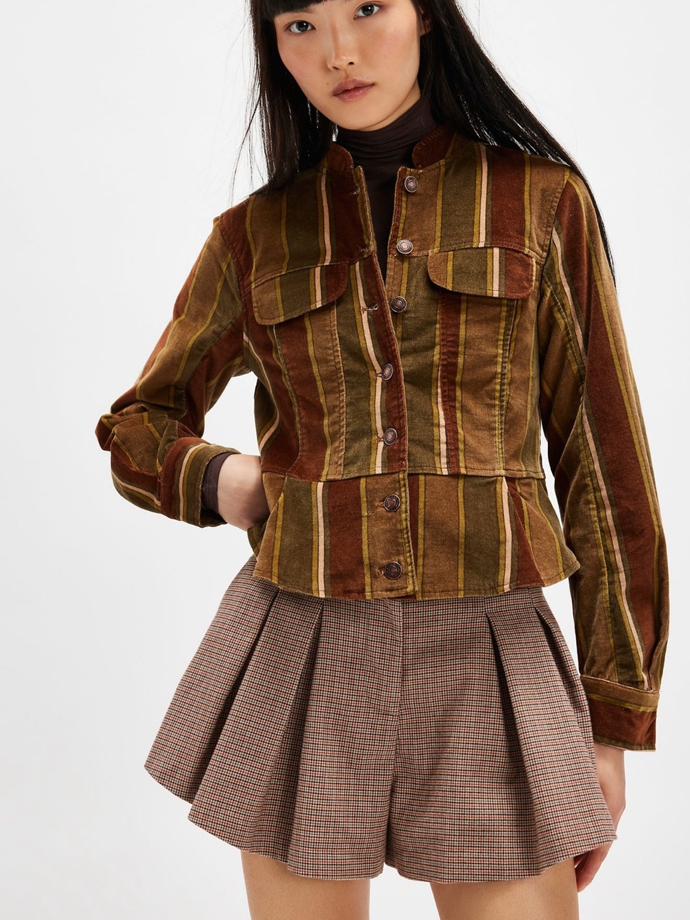 Free People Striped Velvet Jacket in Brown & Olive